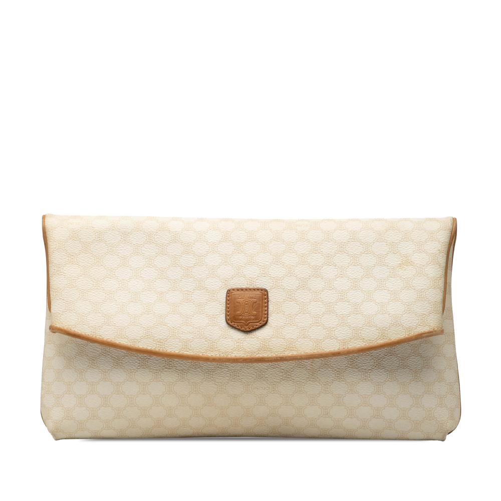 Celine B Celine Brown Light Beige Coated Canvas Fabric Macadam Clutch Italy