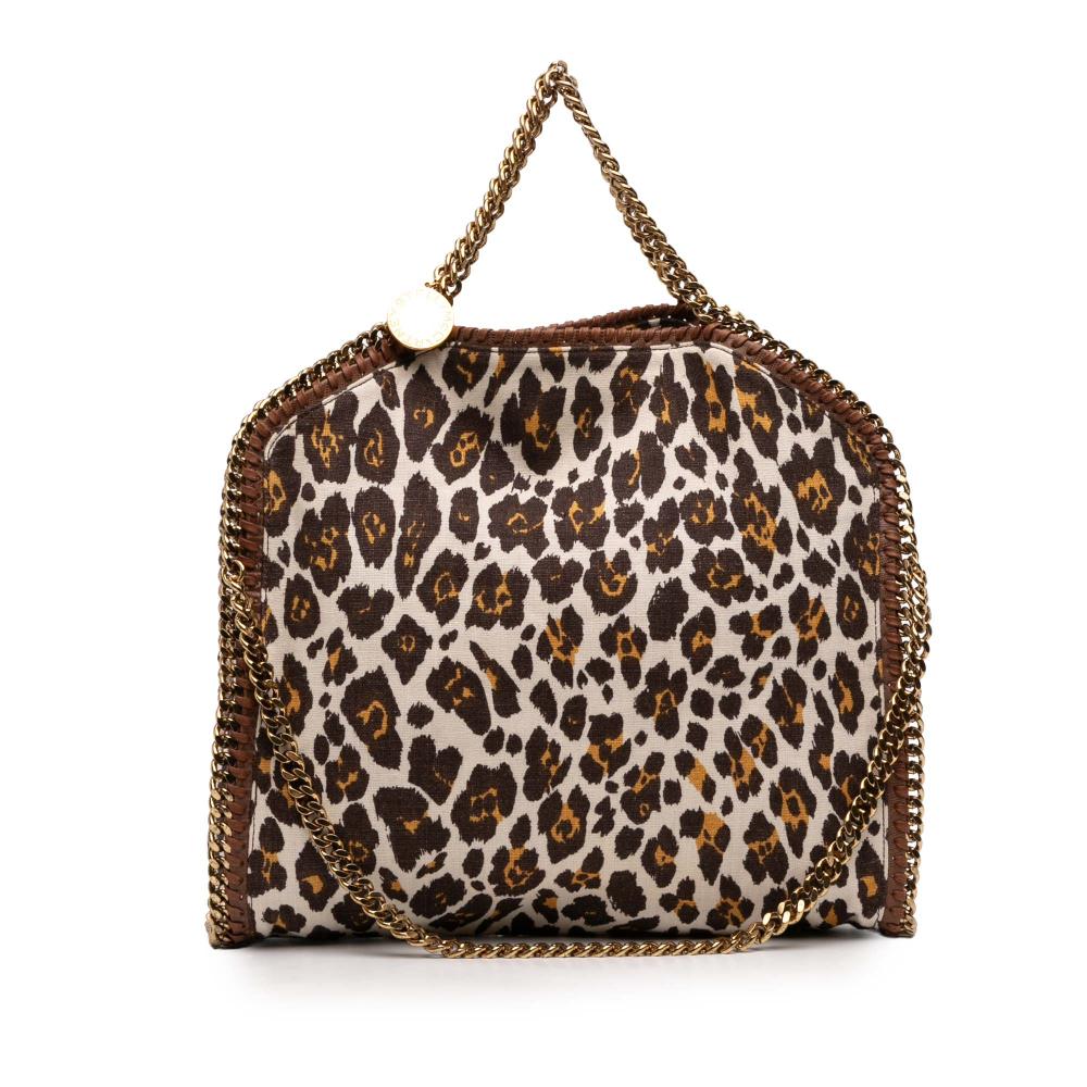 Stella McCartney AB Stella McCartney White with Brown Canvas Fabric Falabella Leopard Printed Fold Over Tote Italy