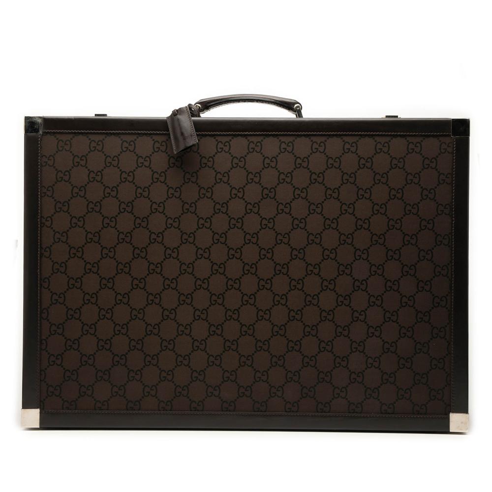 Gucci B Gucci Brown Dark Brown Canvas Fabric GG Trunk Suitcase Italy