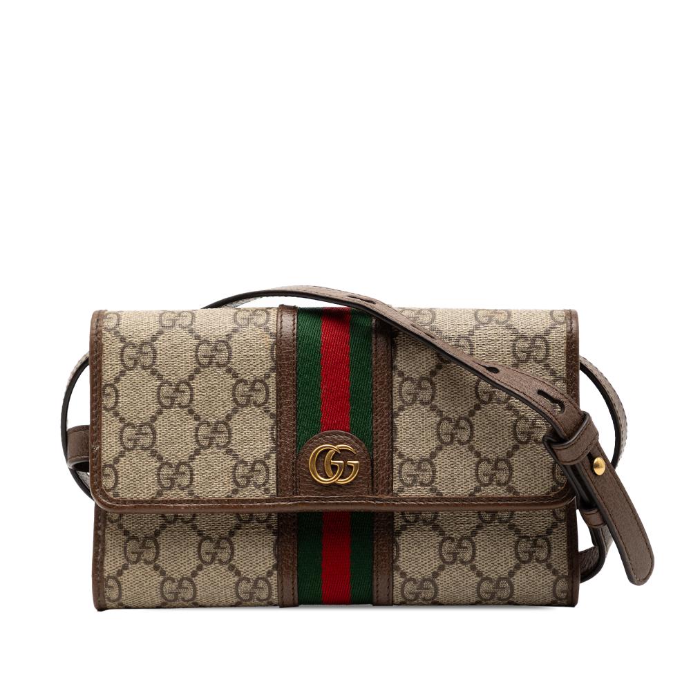 Gucci B Gucci Brown Beige Coated Canvas Fabric GG Supreme Web Ophidia Trifold Wallet on Strap Italy