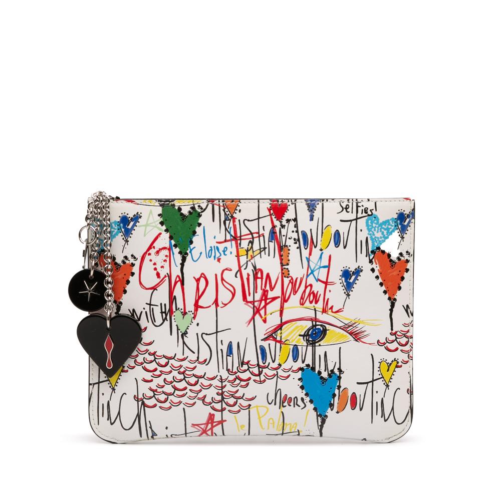 Christian Louboutin AB Christian Louboutin White with Multi Calf Leather Printed Graffiti Loubitag Clutch Italy