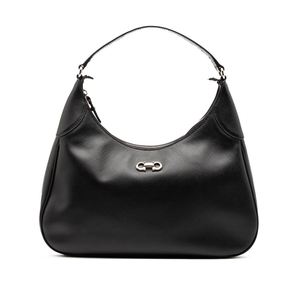 Ferragamo B Ferragamo Black Calf Leather Gancini Romana Hobo Bag Italy