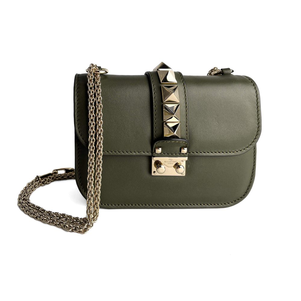 Valentino Rockstud Glam Lock Small Calfskin Leather Flap Shoulder Bag Military Green