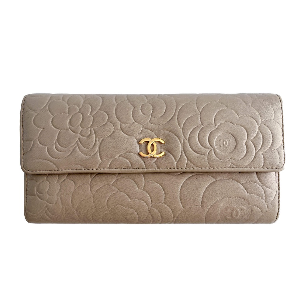 Chanel Camellia Lambskin Leather Embossed Long Flap Wallet Grey