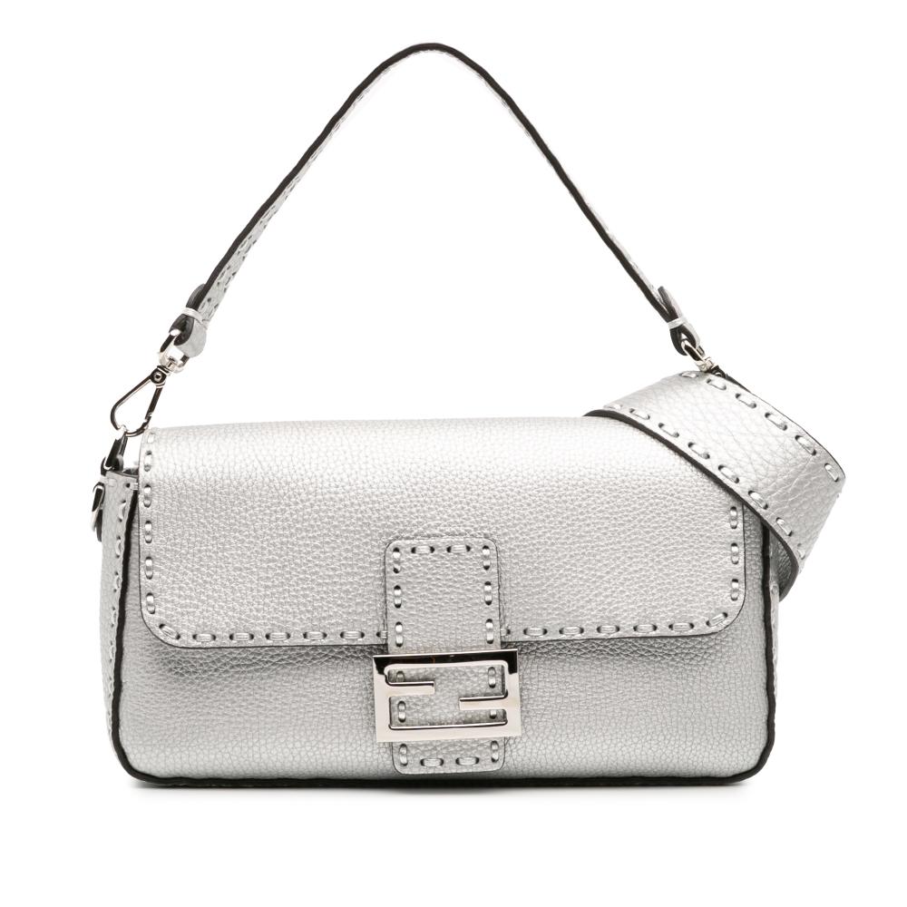 Fendi AB Fendi Silver Calf Leather Selleria Baguette Satchel Italy