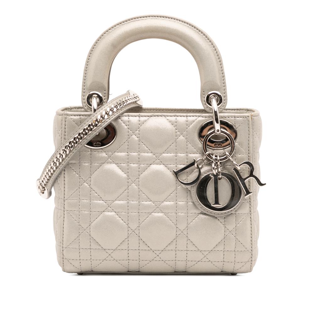 Christian Dior B Dior Silver Lambskin Leather Leather Mini Iridescent Lambskin Cannage Lady Dior Italy