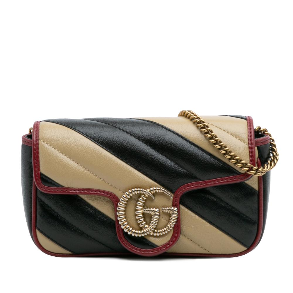 Gucci B Gucci Brown Beige Calf Leather Super Mini GG Marmont Matelasse Torchon Flap Crossbody Italy