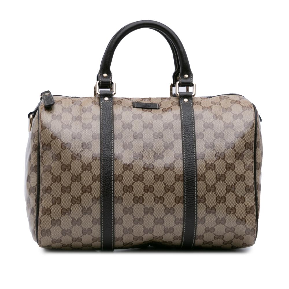 Gucci B Gucci Brown Beige Coated Canvas Fabric Medium GG Crystal Joy Boston Bag Italy