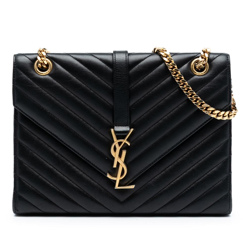 Saint Laurent B Saint Laurent Black Calf Leather Medium Chevron skin Monogram Envelope Bag Italy