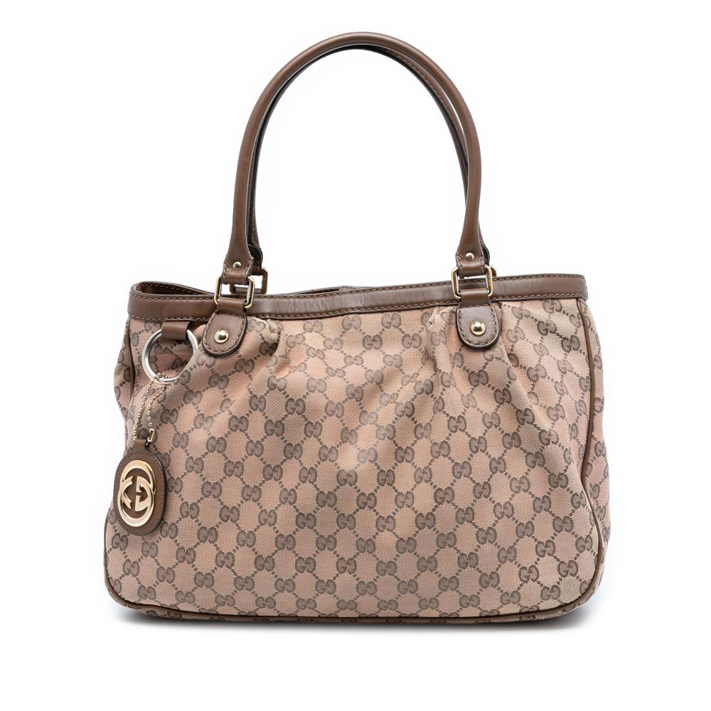 Gucci B Gucci Brown Beige Canvas Fabric GG Sukey Tote Italy