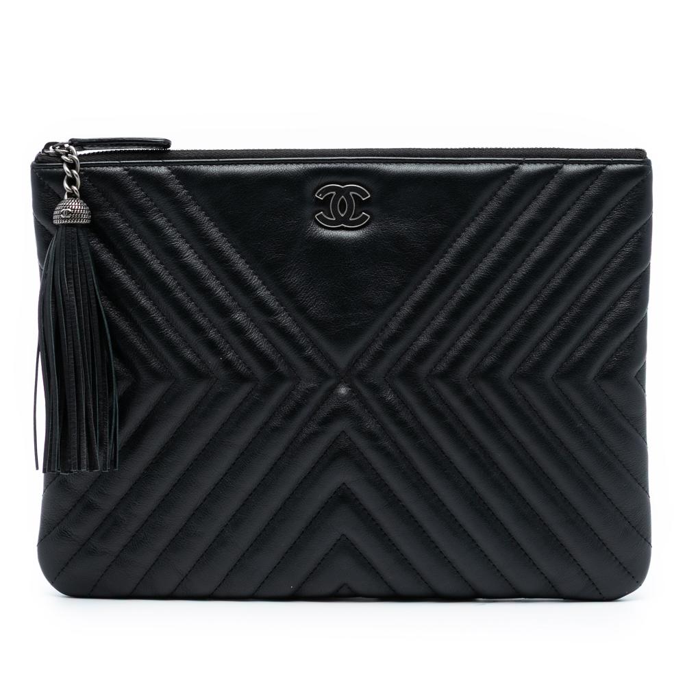 Chanel AB Chanel Black Calf Leather Medium Diagonal Chevron skin Tassel O Case Clutch Italy