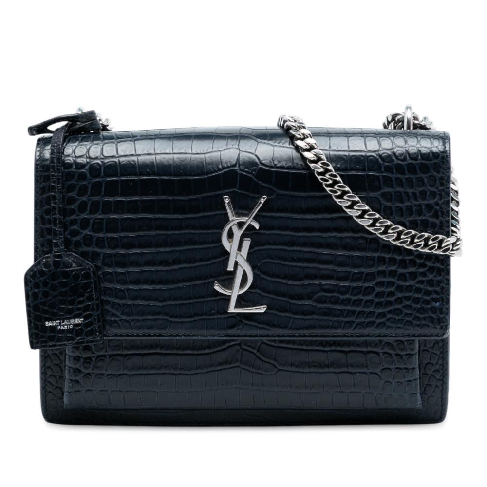 Saint Laurent B Saint Laurent Black Calf Leather Medium Croc Embossed Monogram Sunset Bag Italy
