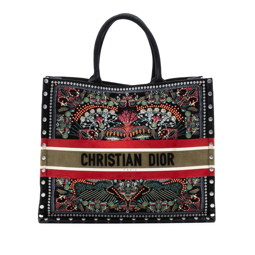 Christian Dior B Dior Black Velvet Fabric Large Studded Embroidered Heart Lights Book Tote Italy