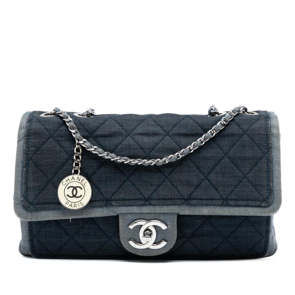 Chanel B Chanel Blue Navy Denim Fabric Medium Bicolor Quilted Medallion Flap Italy