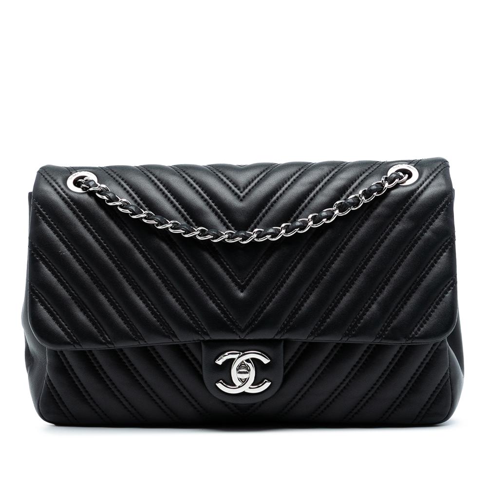 Chanel Black Lambskin Leather Leather Jumbo Classic Chevron Lambskin Double Stitch Single Flap Italy