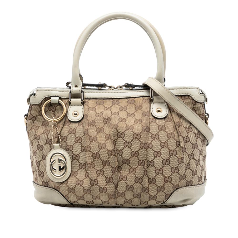 Gucci B Gucci Brown Beige with White Canvas Fabric GG Sukey Satchel Italy