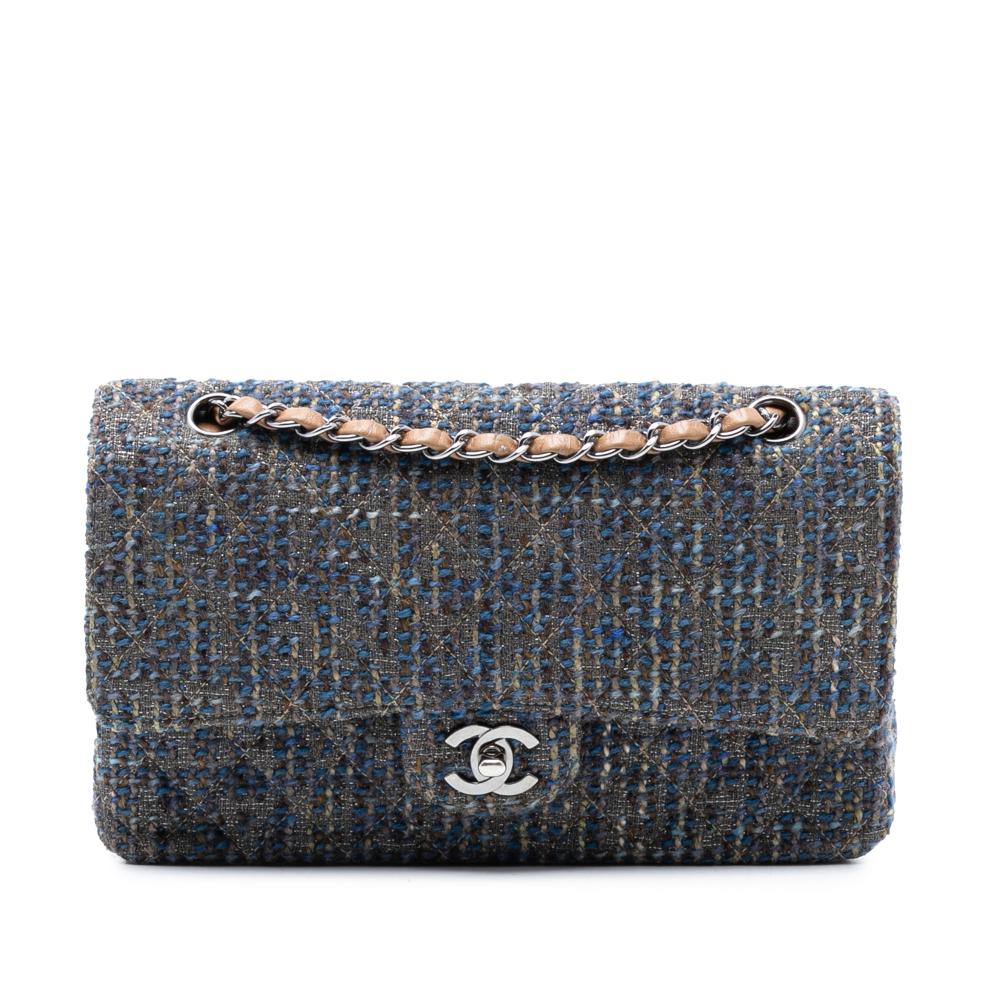 Chanel B Chanel Blue Tweed Fabric Medium Classic Double Flap France