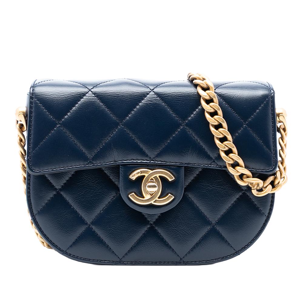 Chanel AB Chanel Blue Navy Calf Leather Mini CC Quilted Shiny skin Round Moon Messenger Flap Italy
