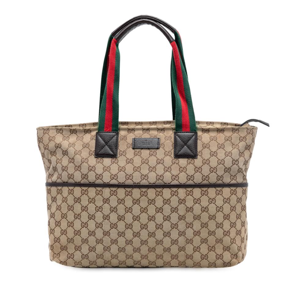 Gucci AB Gucci Brown Beige Canvas Fabric GG Web Tote Italy