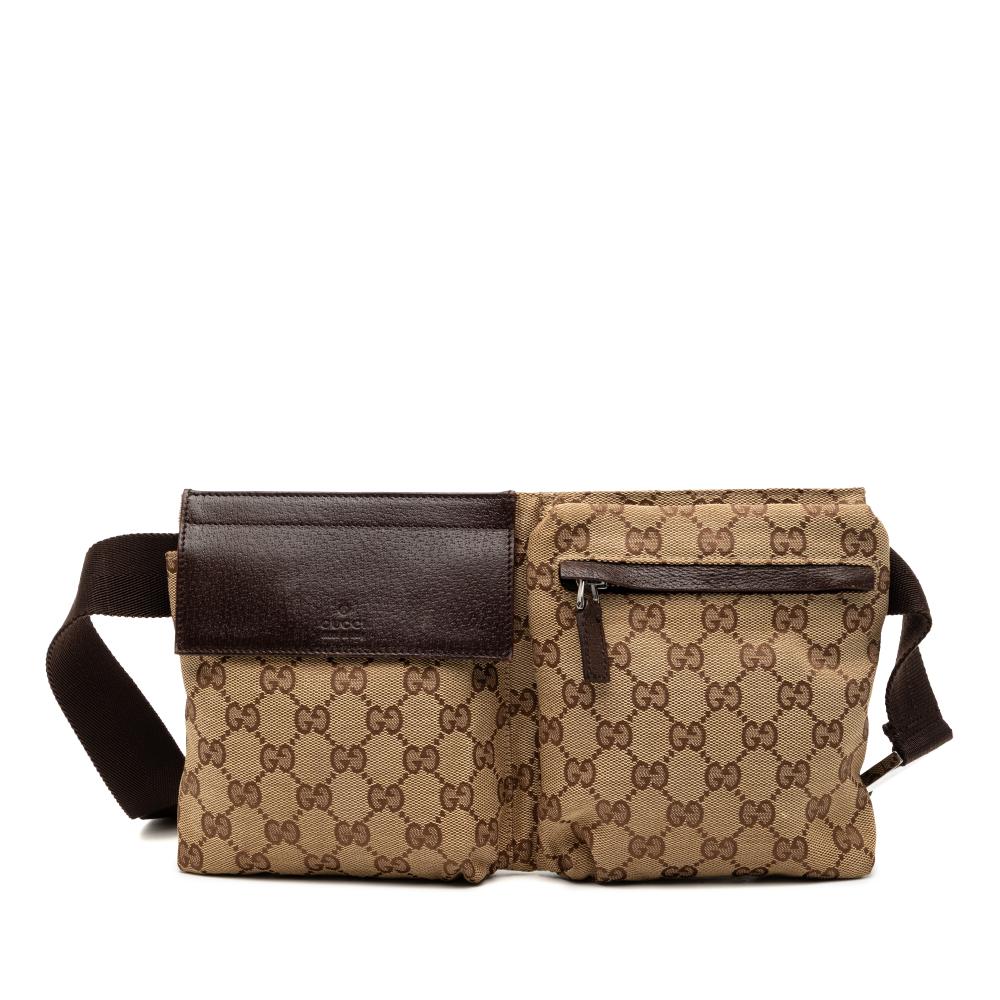 Gucci AB Gucci Brown Beige Canvas Fabric GG Double Pocket Belt Bag Italy
