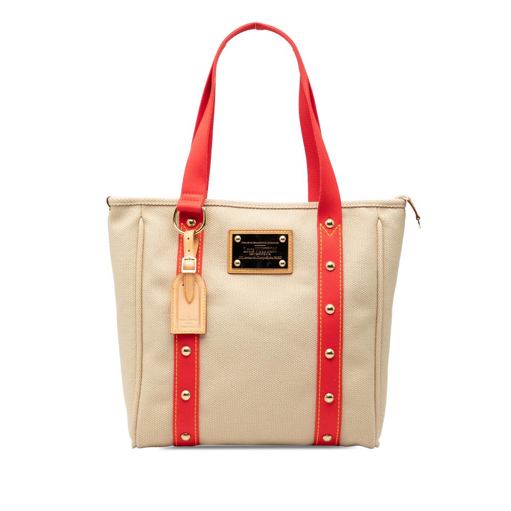 Louis Vuitton B Louis Vuitton Brown Beige with Red Canvas Fabric Antigua Cabas MM France