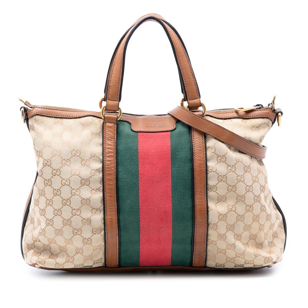Gucci B Gucci Brown Beige Canvas Fabric Medium GG Rania Top Handle Bag Italy