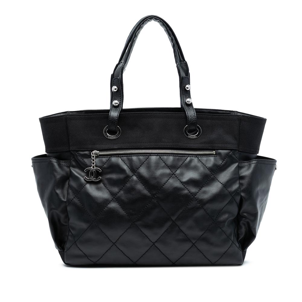 Chanel AB Chanel Black Coated Canvas Fabric Large Quilted Paris Biarritz Tote Italy