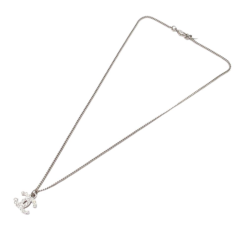 Chanel AB Chanel Silver Silver Plated Metal CC Rhinestones Pendant Necklace France