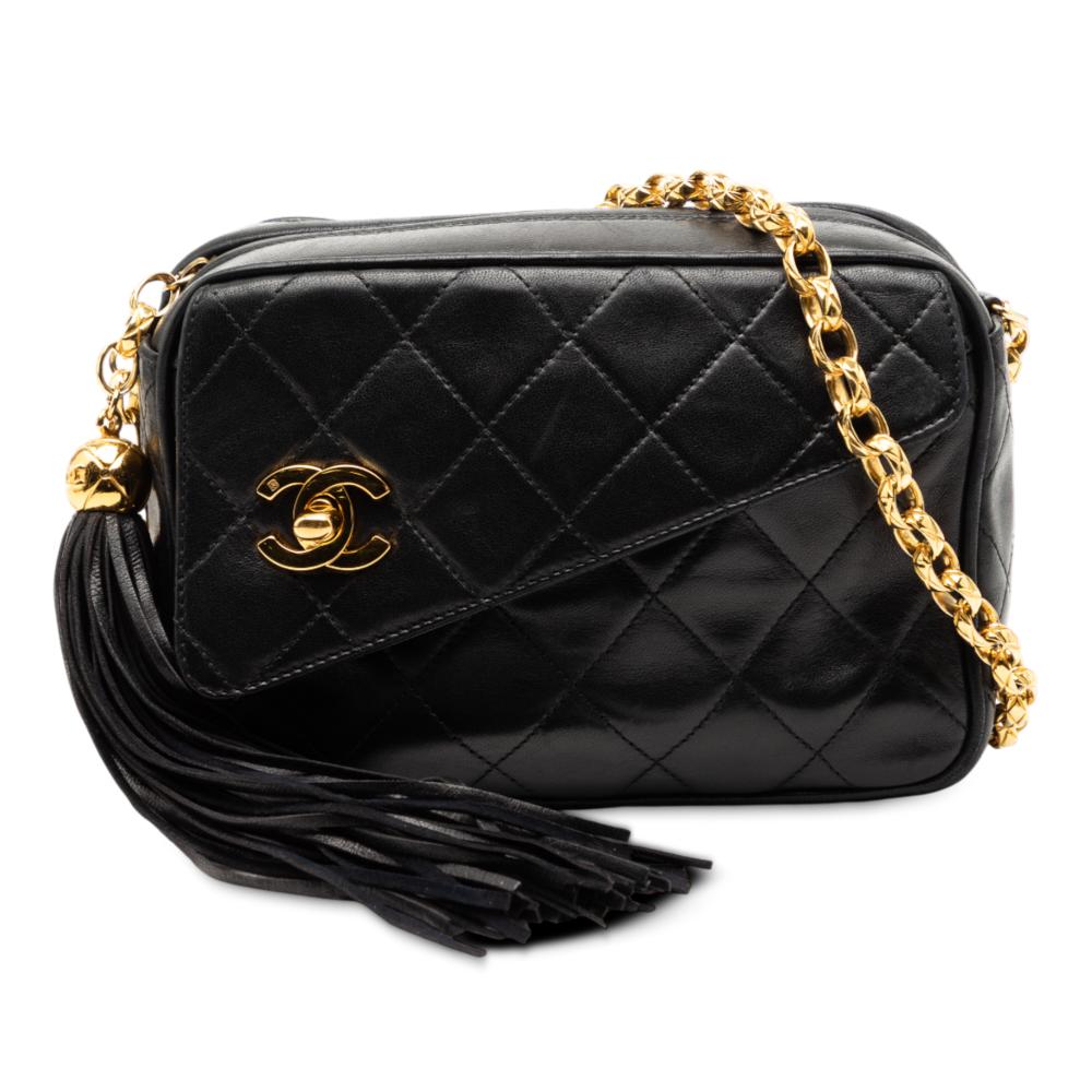 Chanel B Chanel Black Lambskin Leather Leather CC Quilted Lambskin Tassel Camera Bag Italy