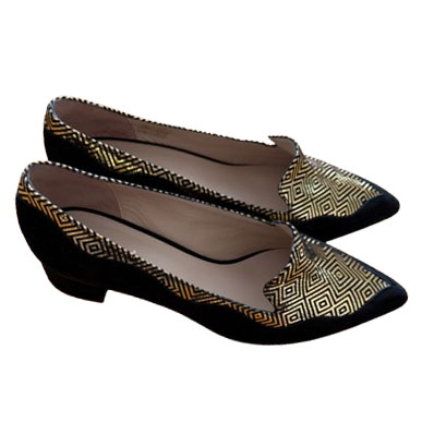 Mellow Yellow Black and gold moccasins with small heels