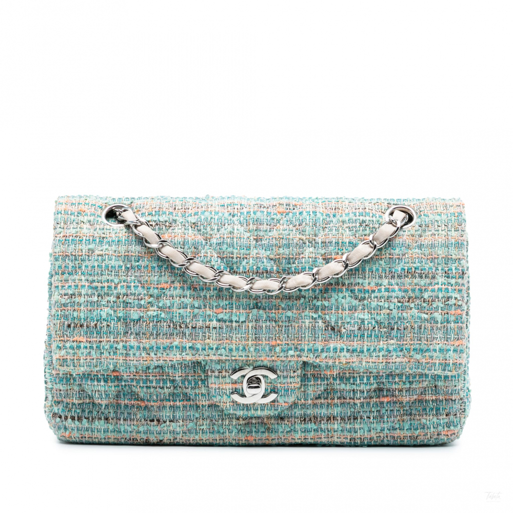 Chanel Classic Double Flap Medium Tweed Shoulder Bag Blue