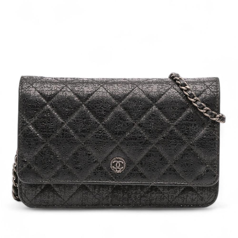 Chanel AB Chanel Black Patent Leather Leather CC Quilted Crinkled Patent Wallet On Chain Italy
