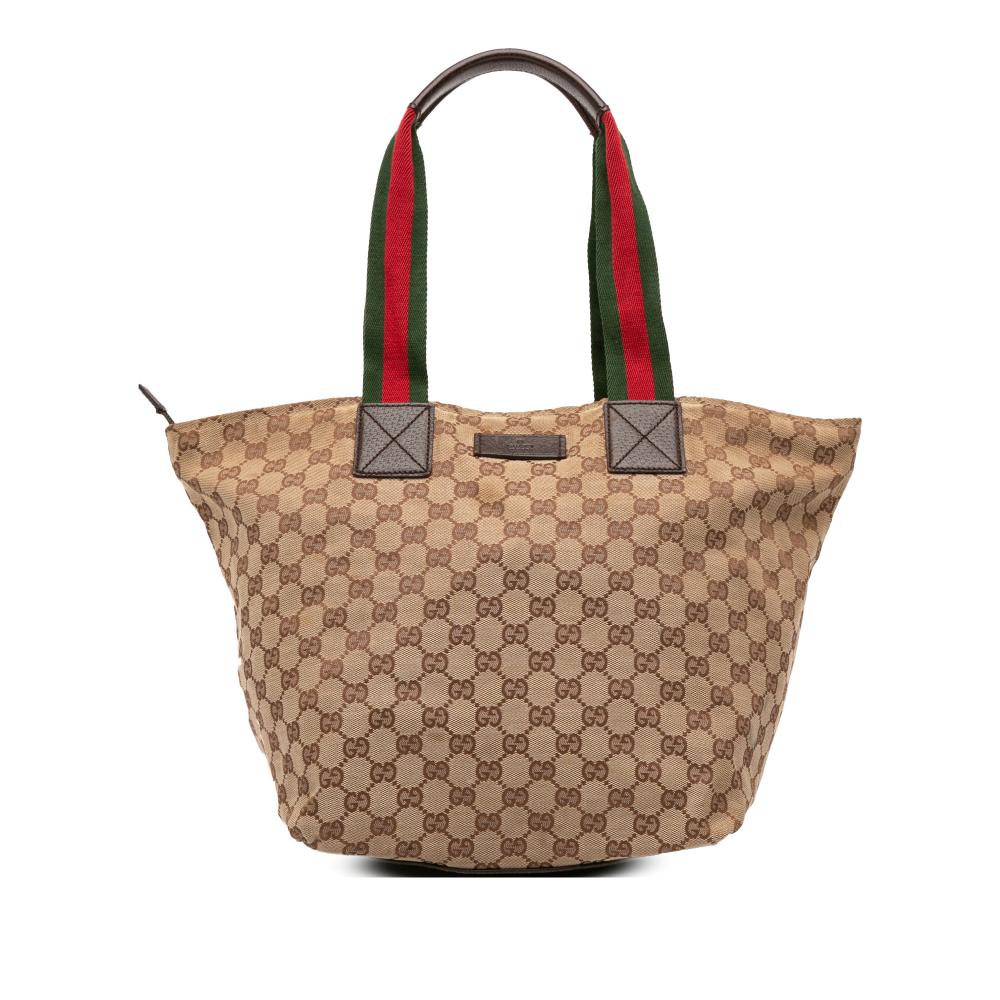Gucci B Gucci Brown Beige Canvas Fabric GG Web Tote Italy