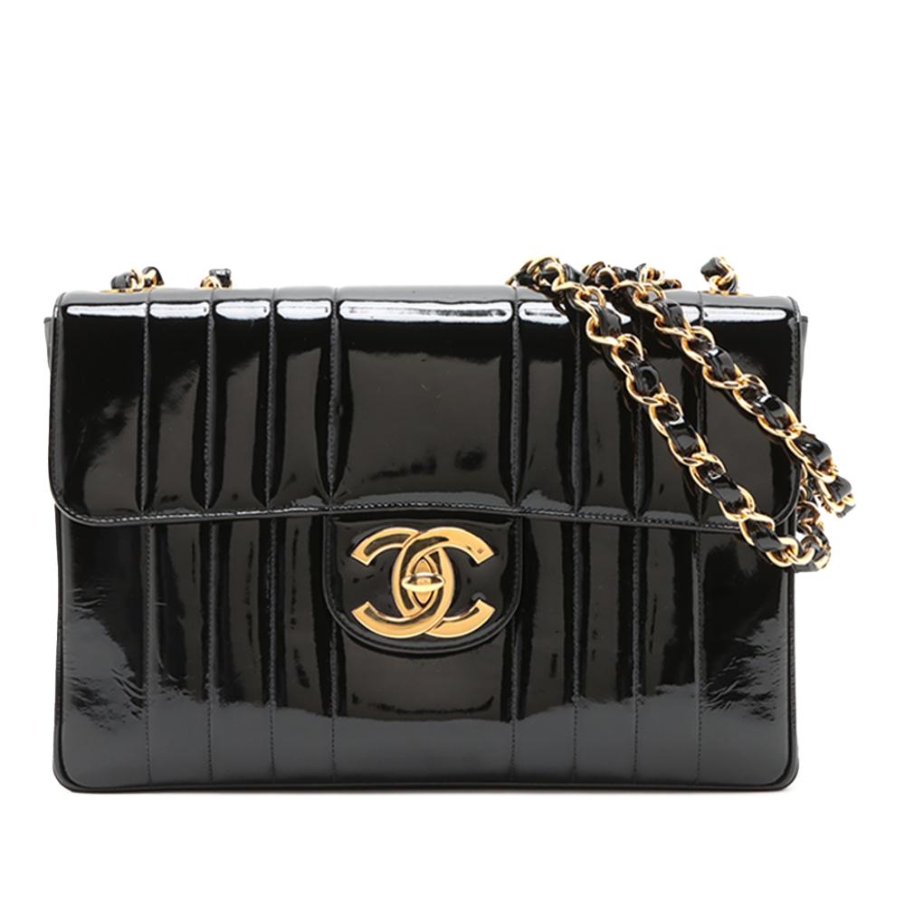 Chanel B Chanel Black Patent Leather Leather Jumbo Patent Vertical Quilt Mademoiselle Flap France