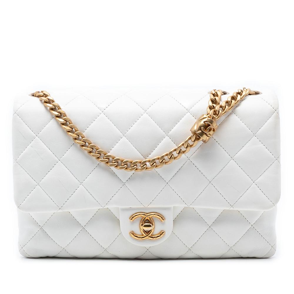 Chanel AB Chanel White Lambskin Leather Leather Medium Quilted Lambskin CC Single Flap Italy