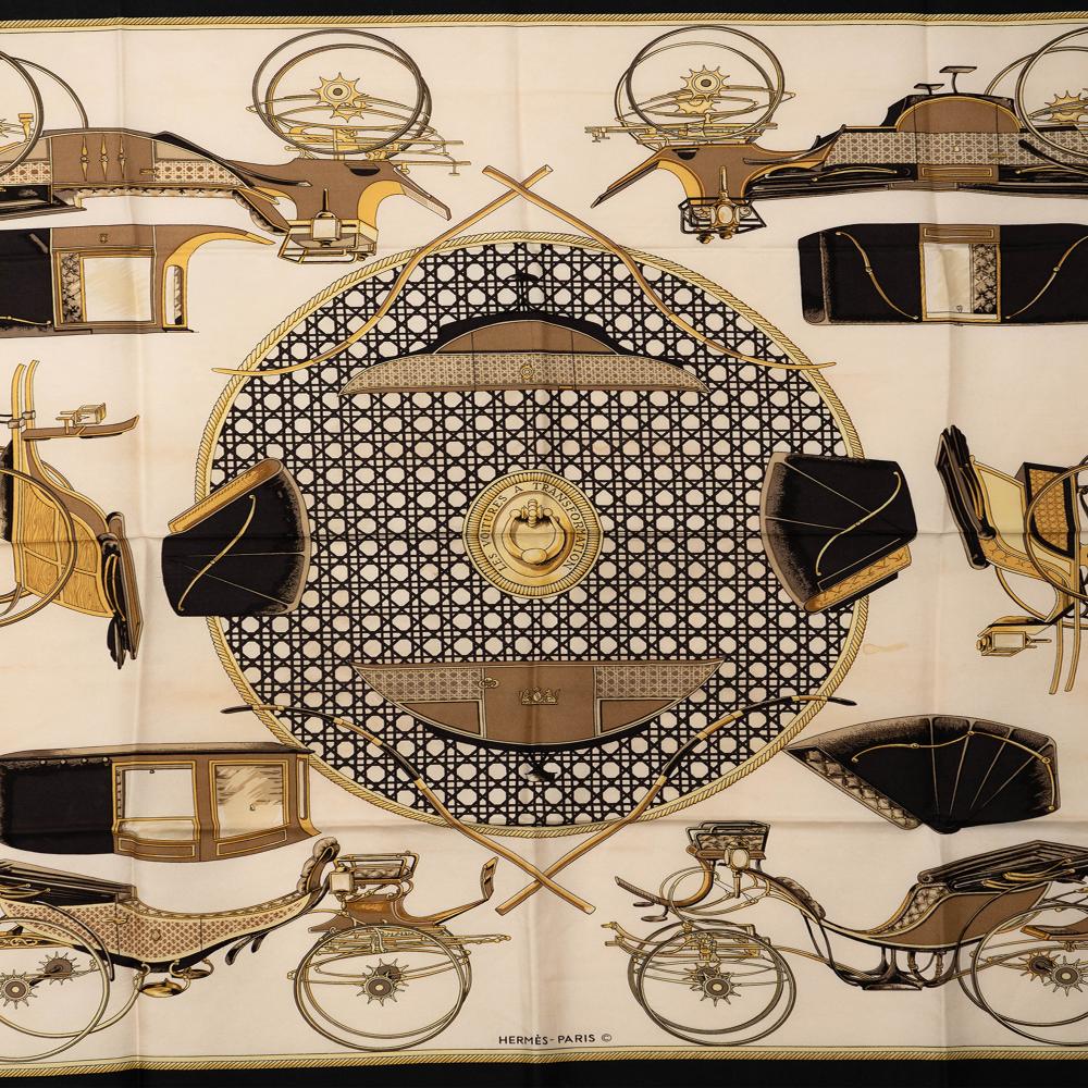 Hermès B Hermès White Ivory Silk Fabric Les Voitures a Transformation Scarf 90 France