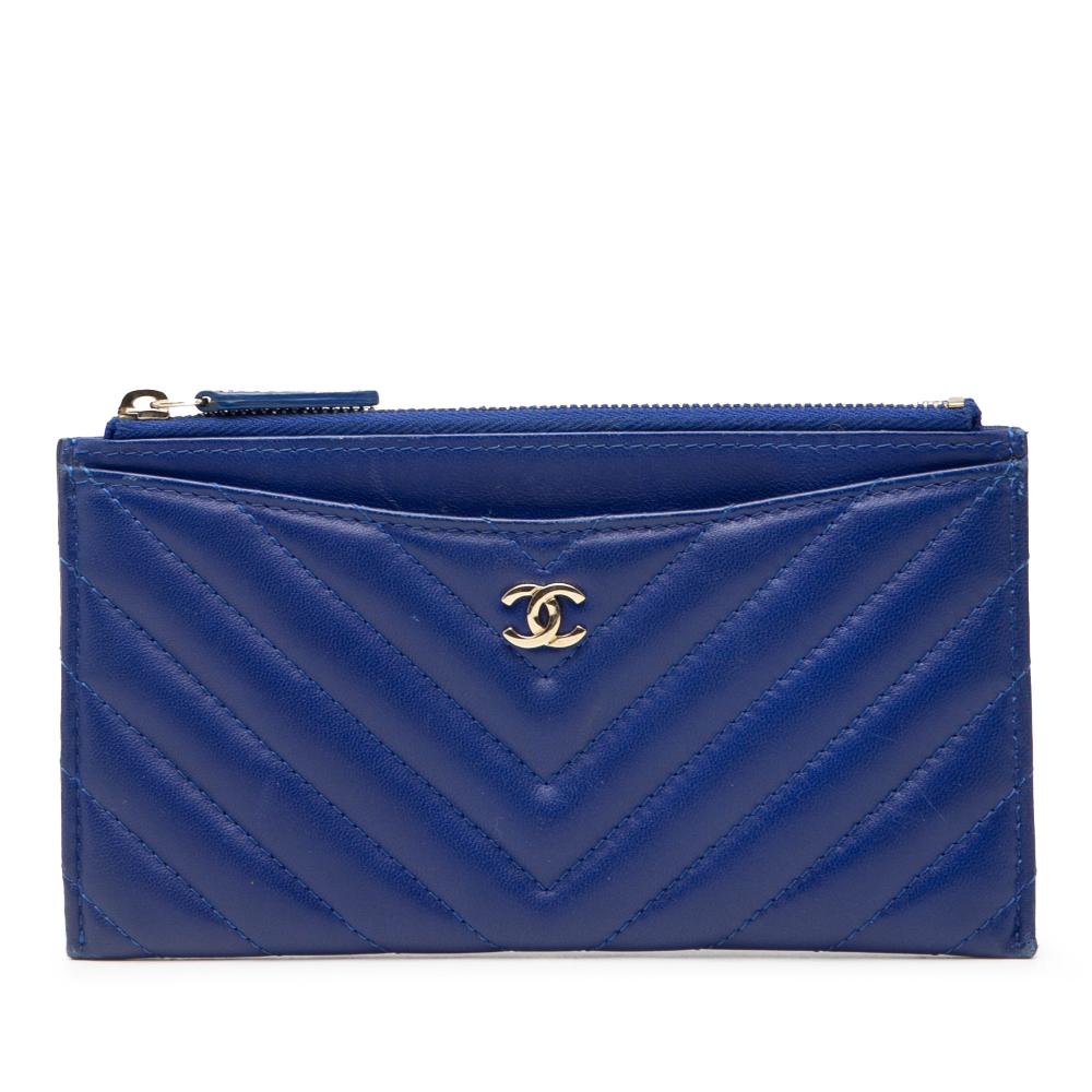 Chanel B Chanel Blue Calf Leather CC Chevron skin Zip Wallet Italy
