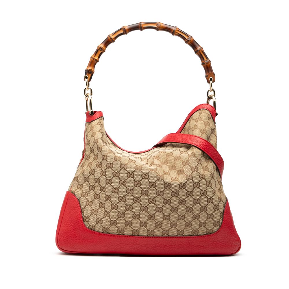 Gucci B Gucci Brown Beige with Red Canvas Fabric GG Bamboo Diana Satchel Italy