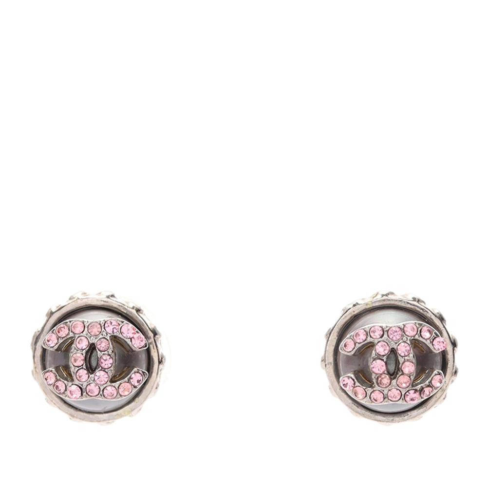 Chanel AB Chanel Silver with Pink Stainless Steel Metal CC Rhinestones Push Back Earrings France