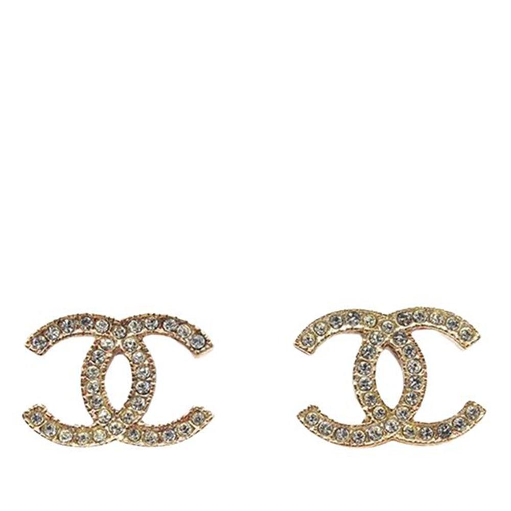 Chanel AB Chanel Gold Gold Plated Metal Crystal CC Push Back Earrings France