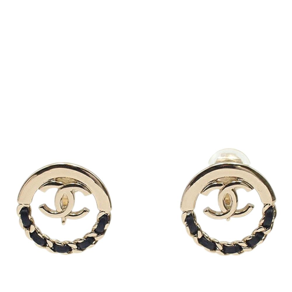 Chanel A Chanel Gold Gold Plated Metal Leather Woven CC Round Clip on Earrings Italy