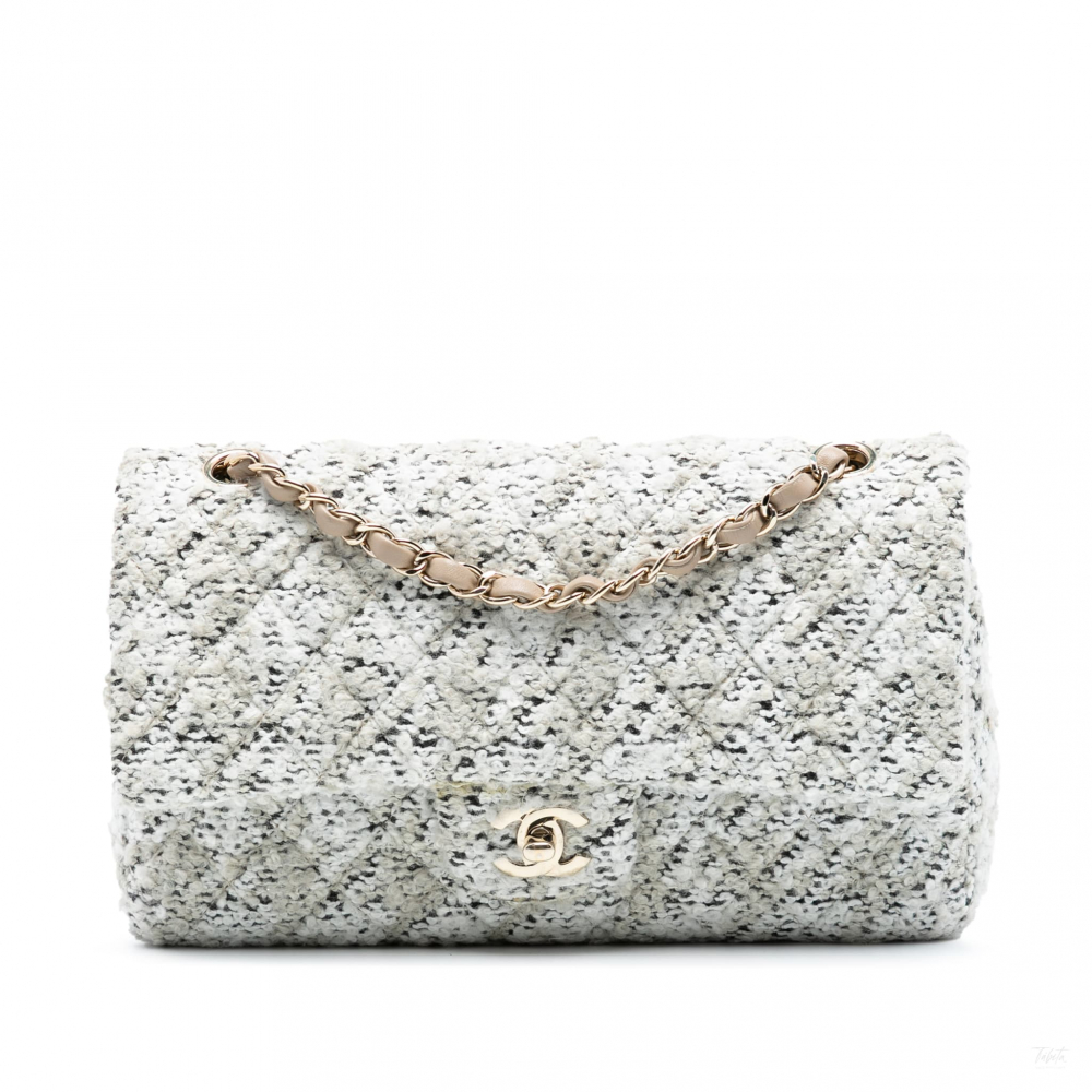 Chanel Classic Double Flap Medium Tweed Shoulder Bag White