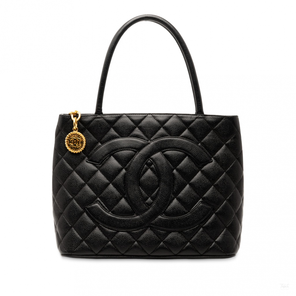 Chanel Vintage Medallion Caviar Leather Quilted Tote Handbag Black