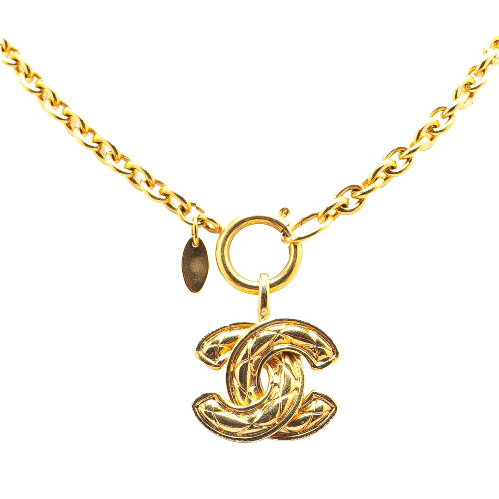 Chanel B Chanel Gold Gold Plated Metal CC Quilted Pendant Necklace France