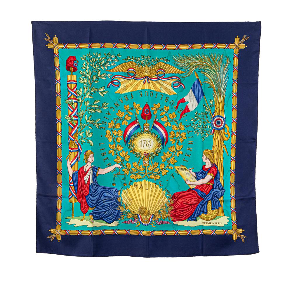 Hermès Blue Turquoise Silk Fabric Republique Francaise Liberte Egalite Fraternite 1789 Scarf France