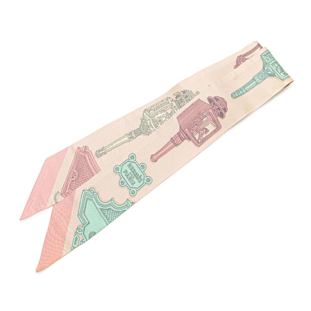 Hermès AB Hermès Pink Light Pink with Multi Silk Fabric Merveilleuses Lanternes Twilly Scarf France