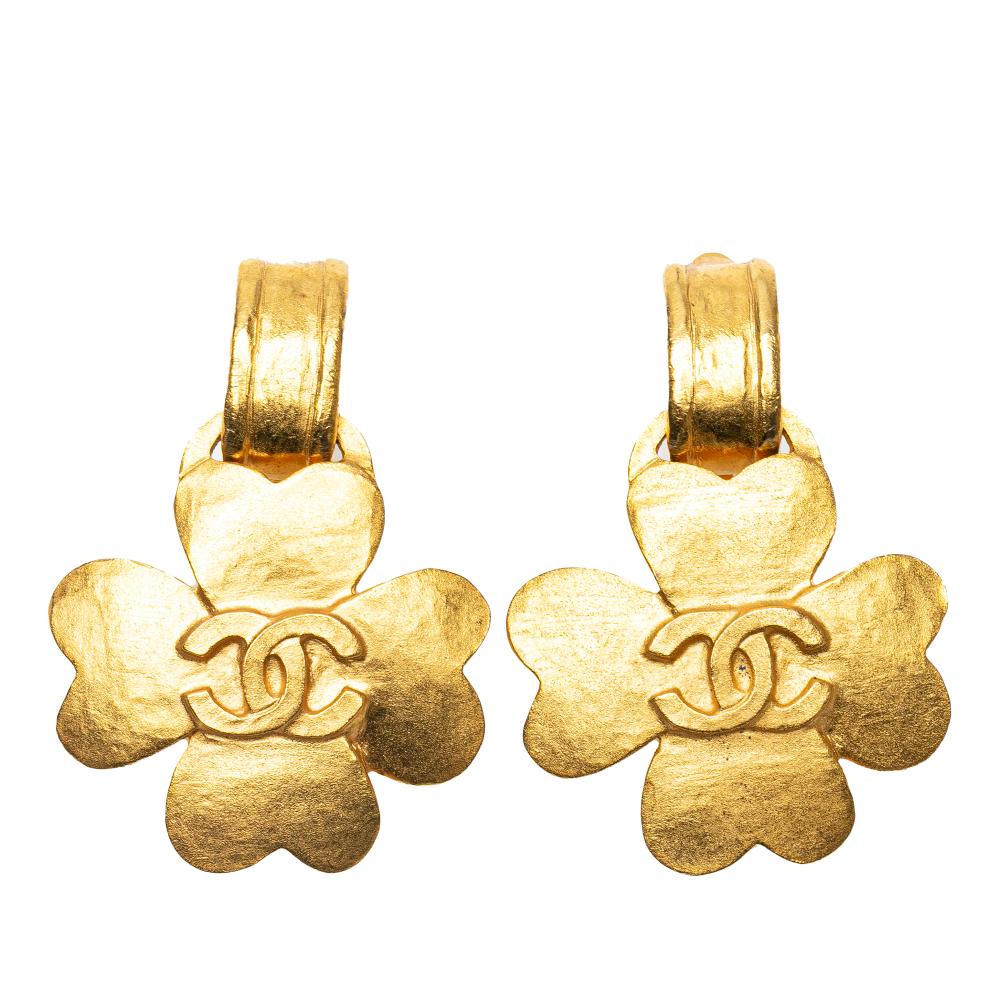 Chanel B Chanel Gold Gold Plated Metal CC Clover Clip on Earrings France