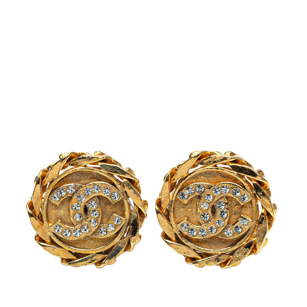Chanel B Chanel Gold Gold Plated Metal CC Crystal Clip On Earrings France
