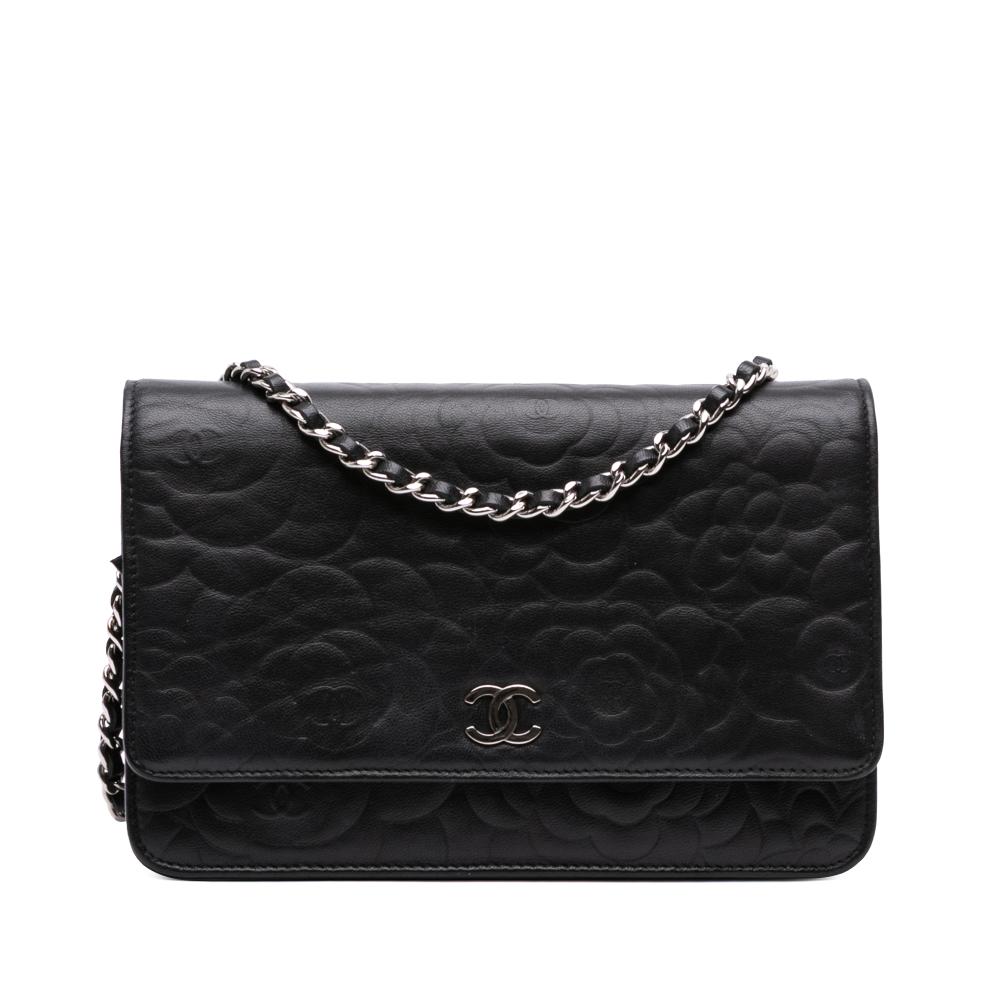Chanel B Chanel Black Lambskin Leather Leather CC Embossed Lambskin Camellia Wallet On Chain France