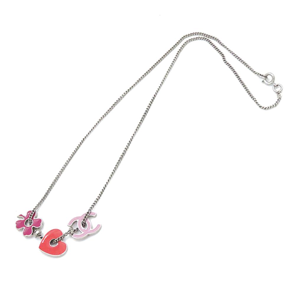 Chanel AB Chanel Silver Silver Metal CC Plated Enamel Heart and Clover Charm Pendant Necklace Italy